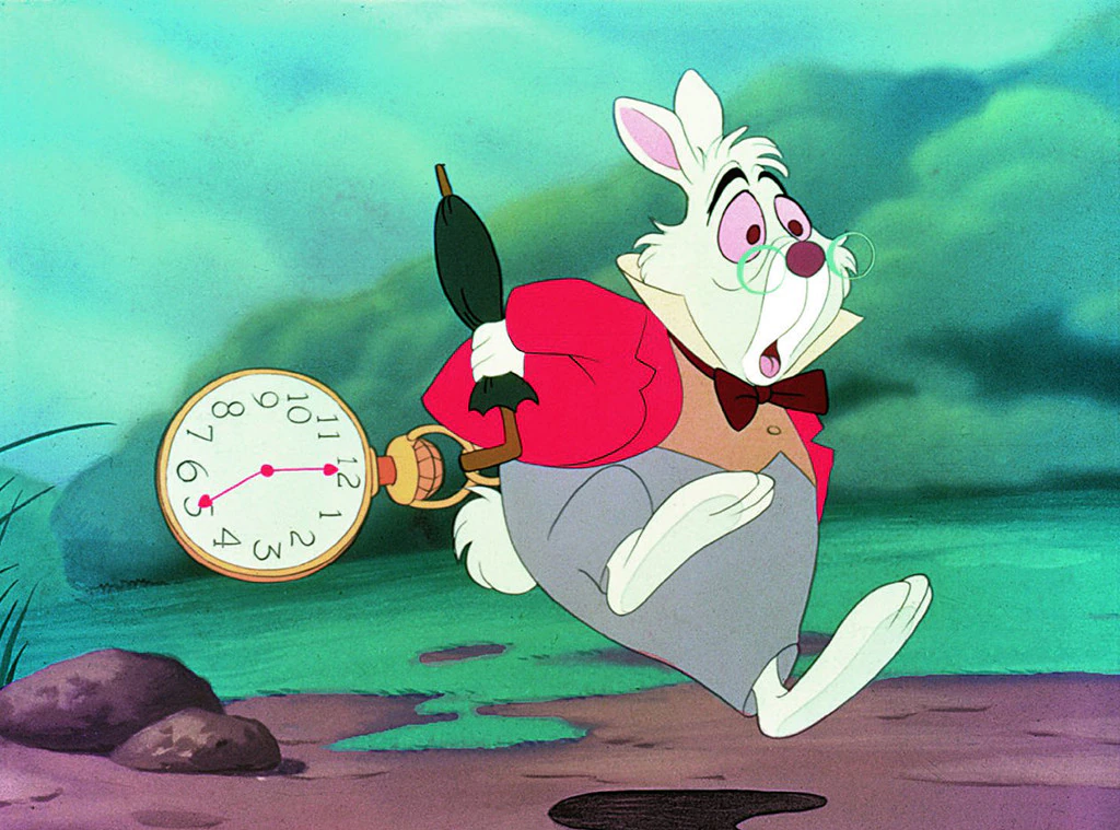 the white rabbit from alice in wonderland holding a clock